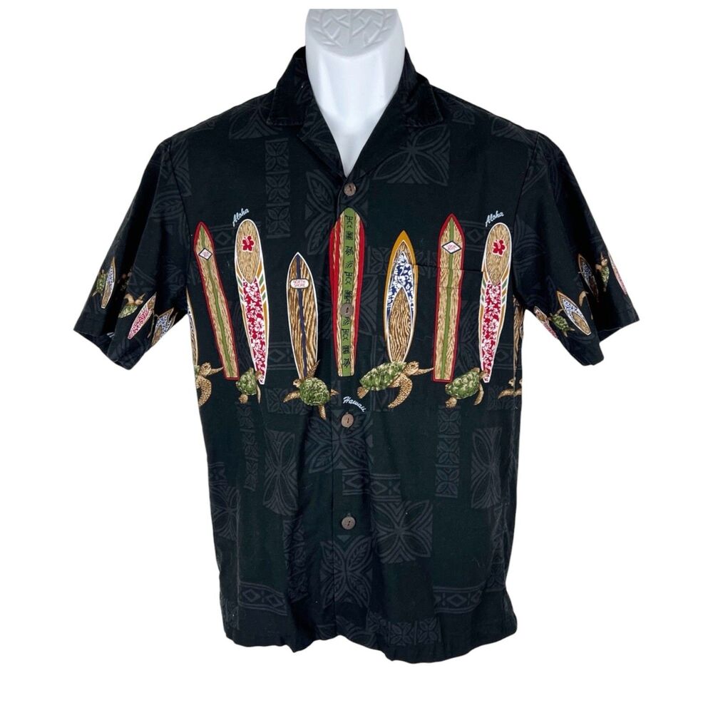 Royal Hawaiian Creations Button Down Shirt Men Small Black Surfboards Tropical